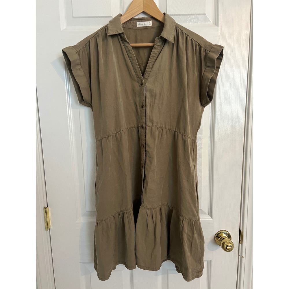 Active USA Olive Green Tiered Shirt Dress Boho Utility Minimalist Small